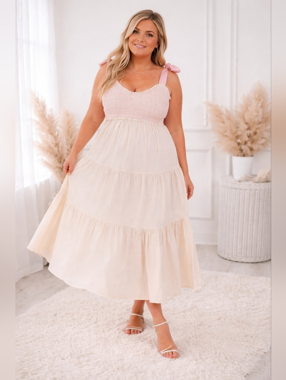 LOVELO Women's Tie Shoulder Smocked Bodice Tiered Midi Cami Dress